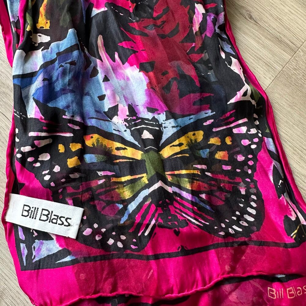 Vintage Bill Blass 100% Silk Scarf Butterfly Basha Scarves Fuschia Pink Monarch - Picture 5 of 7
